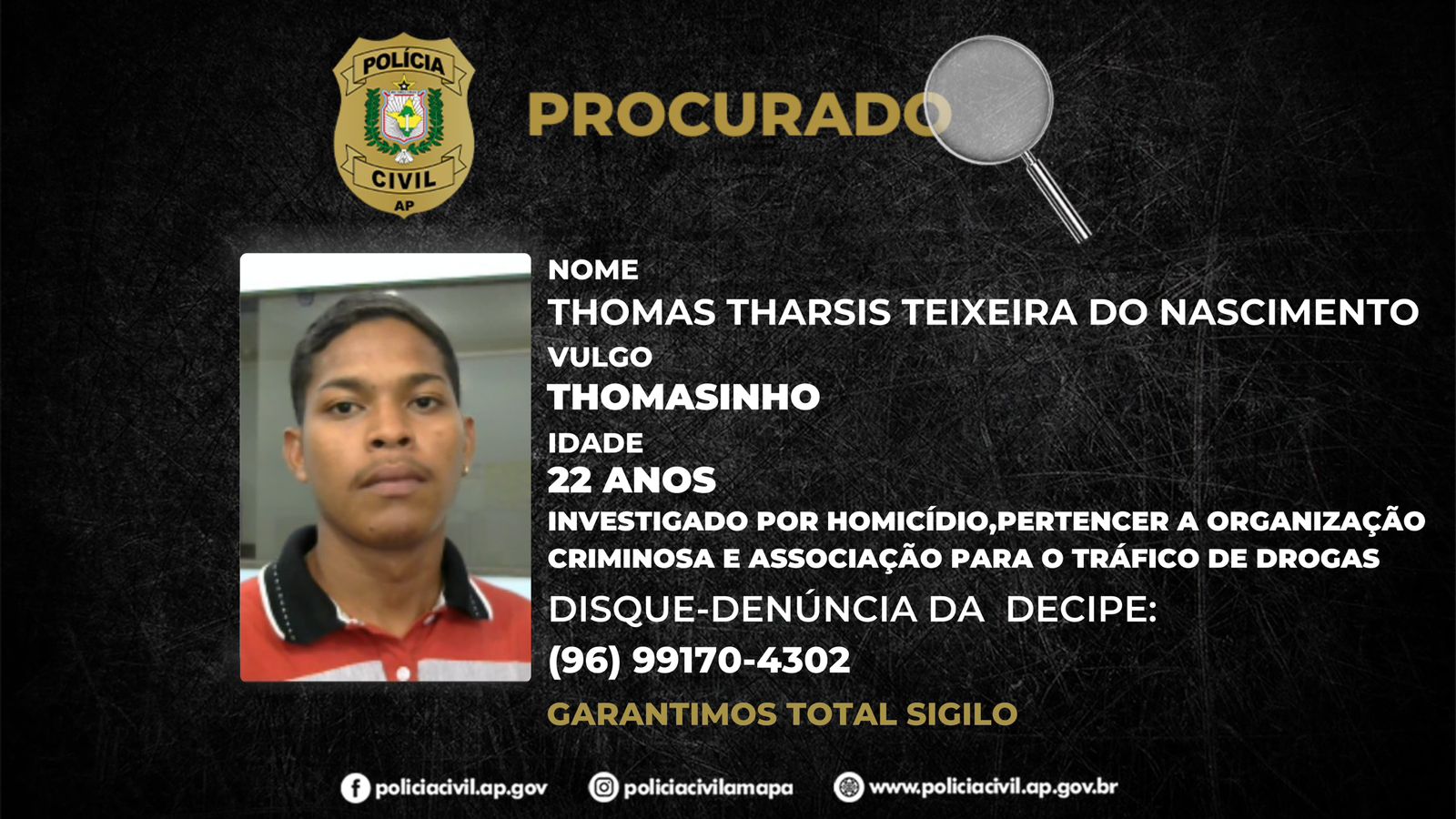 POLÍCIA CIVIL PEDE AJUDA DA POPULAÇÃO PARA LOCALIZAR AUTOR DOS DISPAROS QUE RESULTARAM NO HOMICÍDIO DE UM JOVEM NO BAIRRO SÃO LÁZARO
